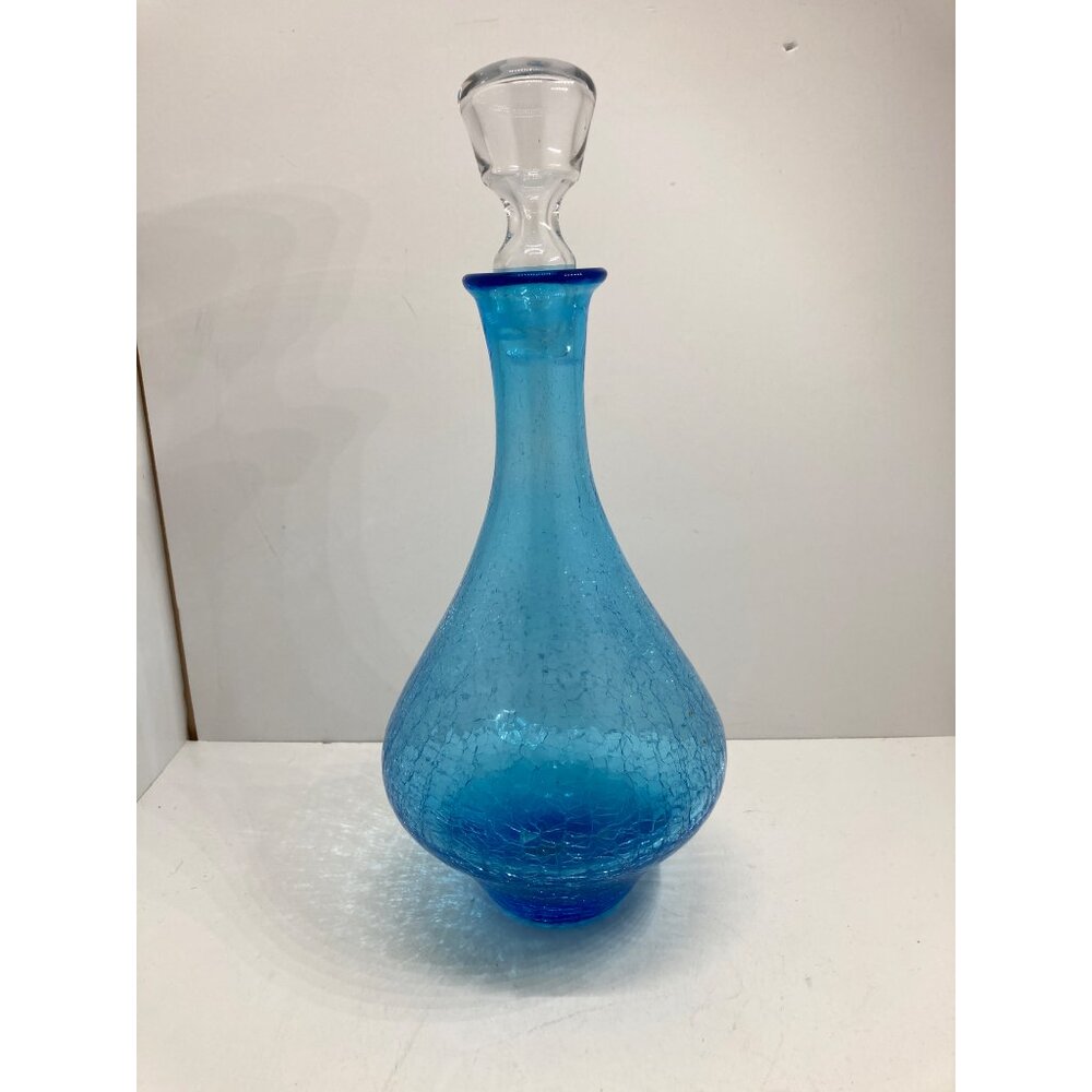 Vintage Blue Crackle Glass Decanter With Clear Stopper 12" Tall Elegant Mid-Cent